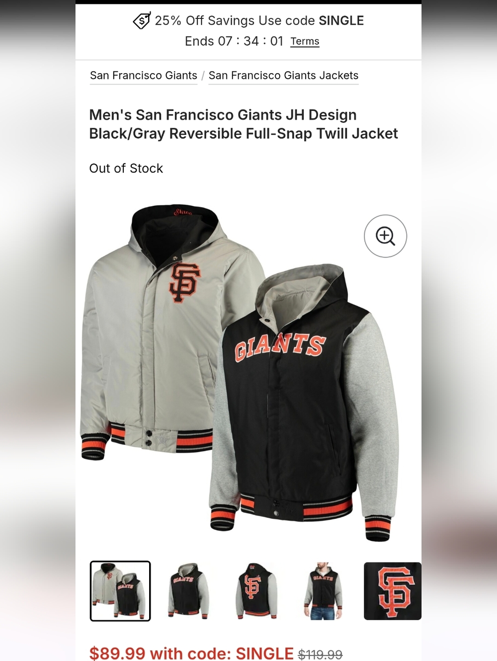 Men's San Francisco Giants REVERSIBLE Full Snap Jacket Black/Gray Twill Medium - Picture 7 of 10